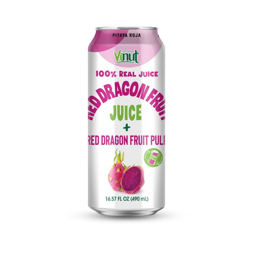 VINUT 100% pravi sok rdečega zmajevega sadeža z vlakninami rdečega zmajevega sadeža, Tanka pločevinka, 16.57 fl oz 490 mL
