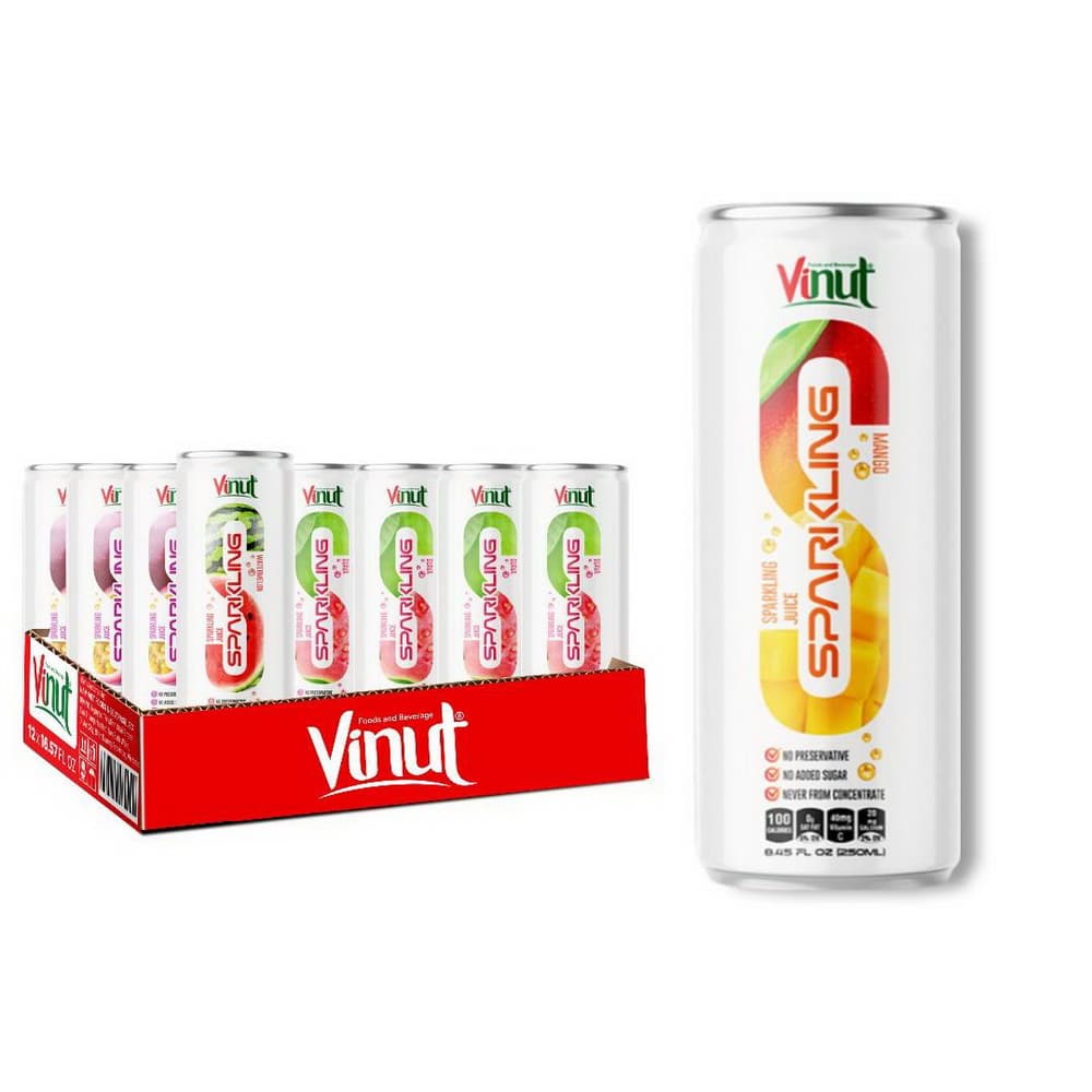 VINUT Gazirani sok mango, brez konzervansov, brez dodanega sladkorja, nikoli iz koncentrata, tanka pločevinka, 8.45 fl oz (250 mL)